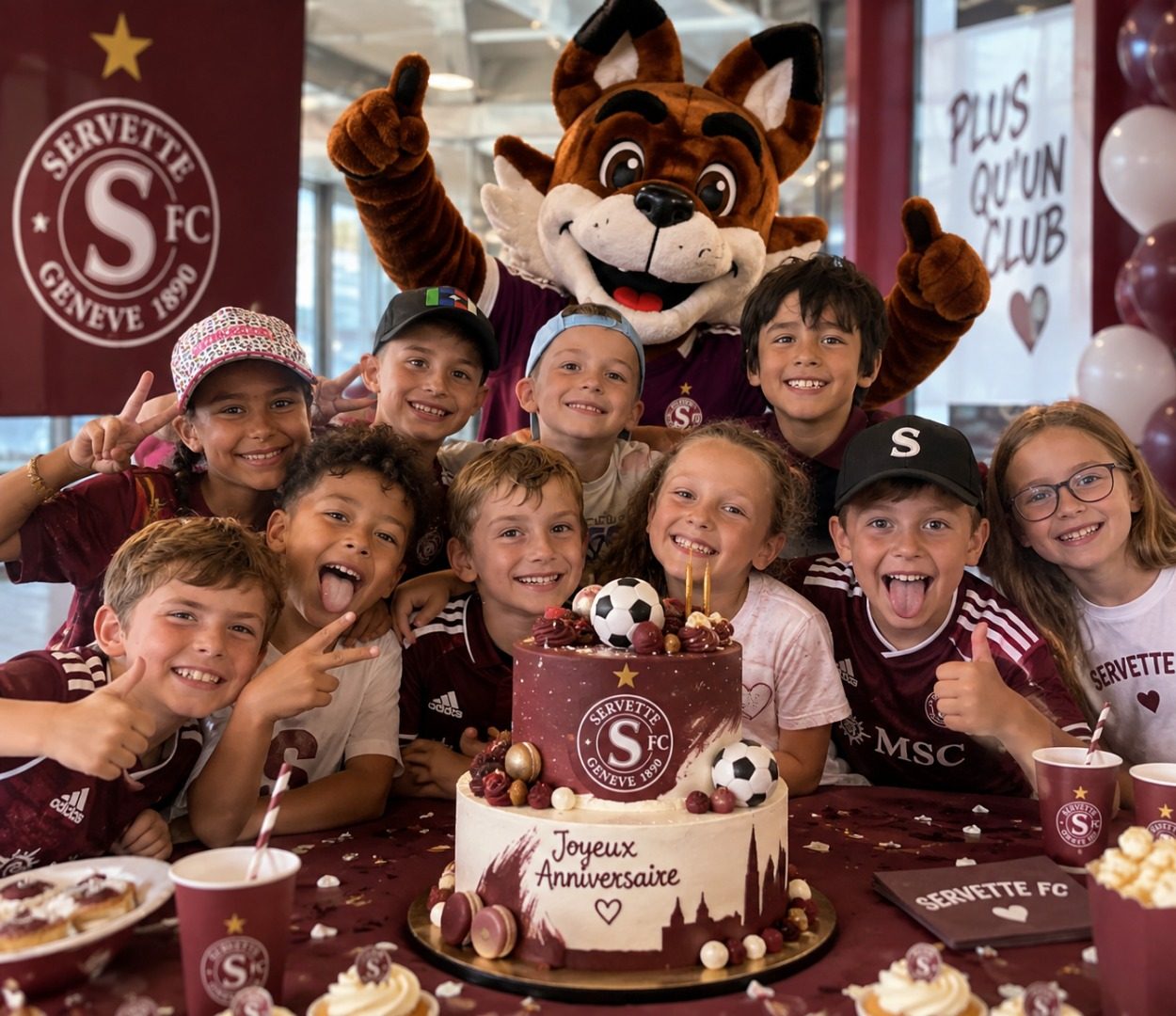 Enfants en maillot grenat autour du gâteau d'anniversaire avec la mascotte du Servette FC