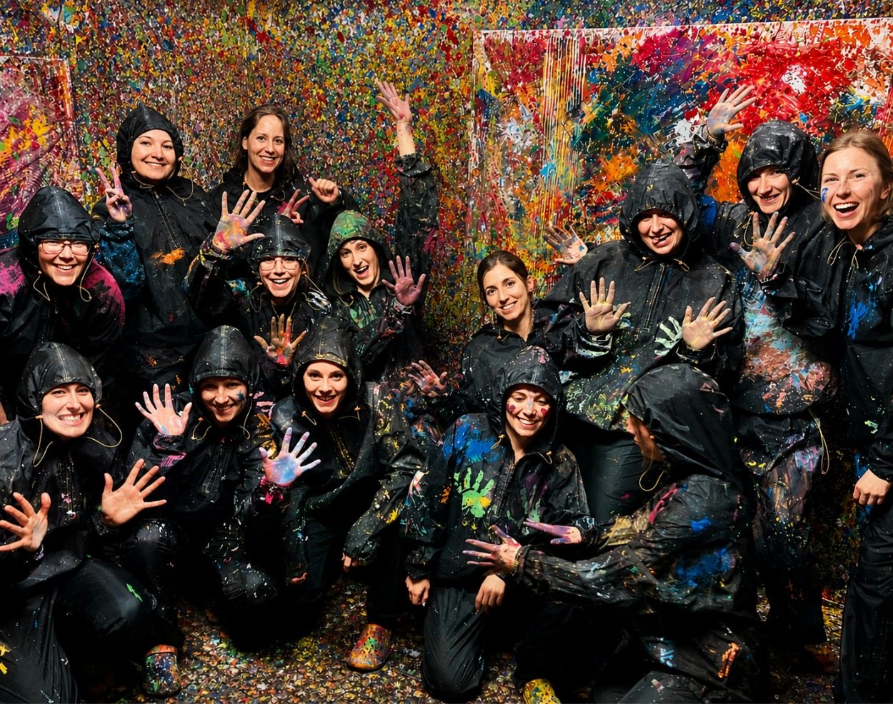 Groupe d'adultes en combinaison après une session ColoRoom