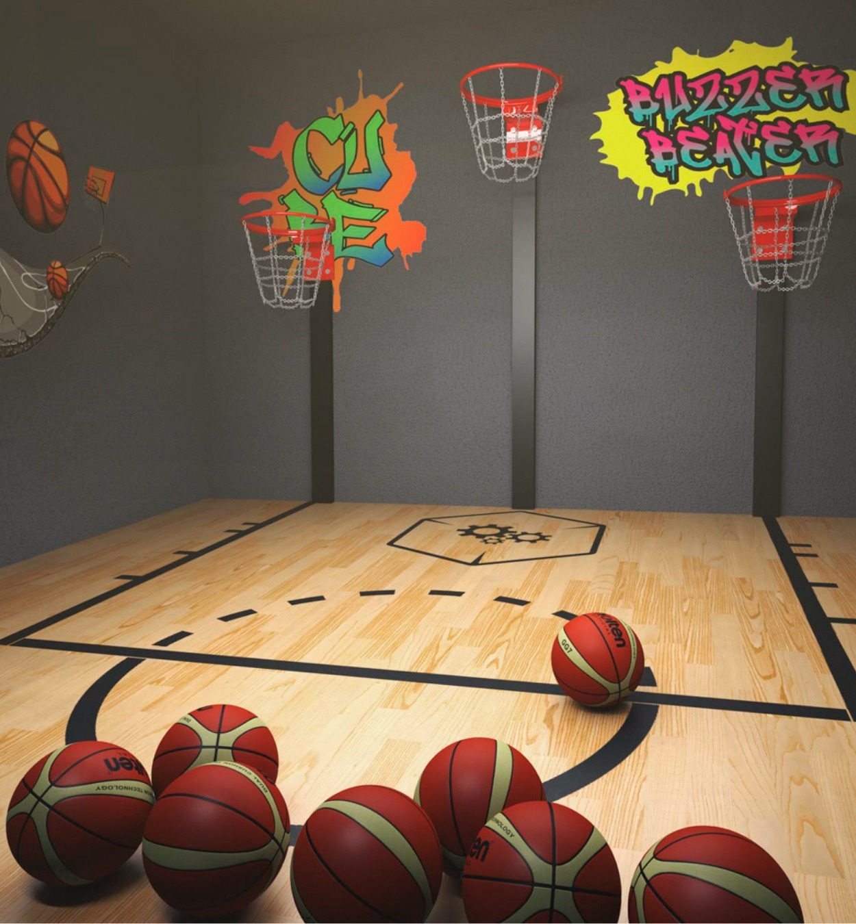 Salle Buzzer Beater : ballons de basket et paniers lumineux