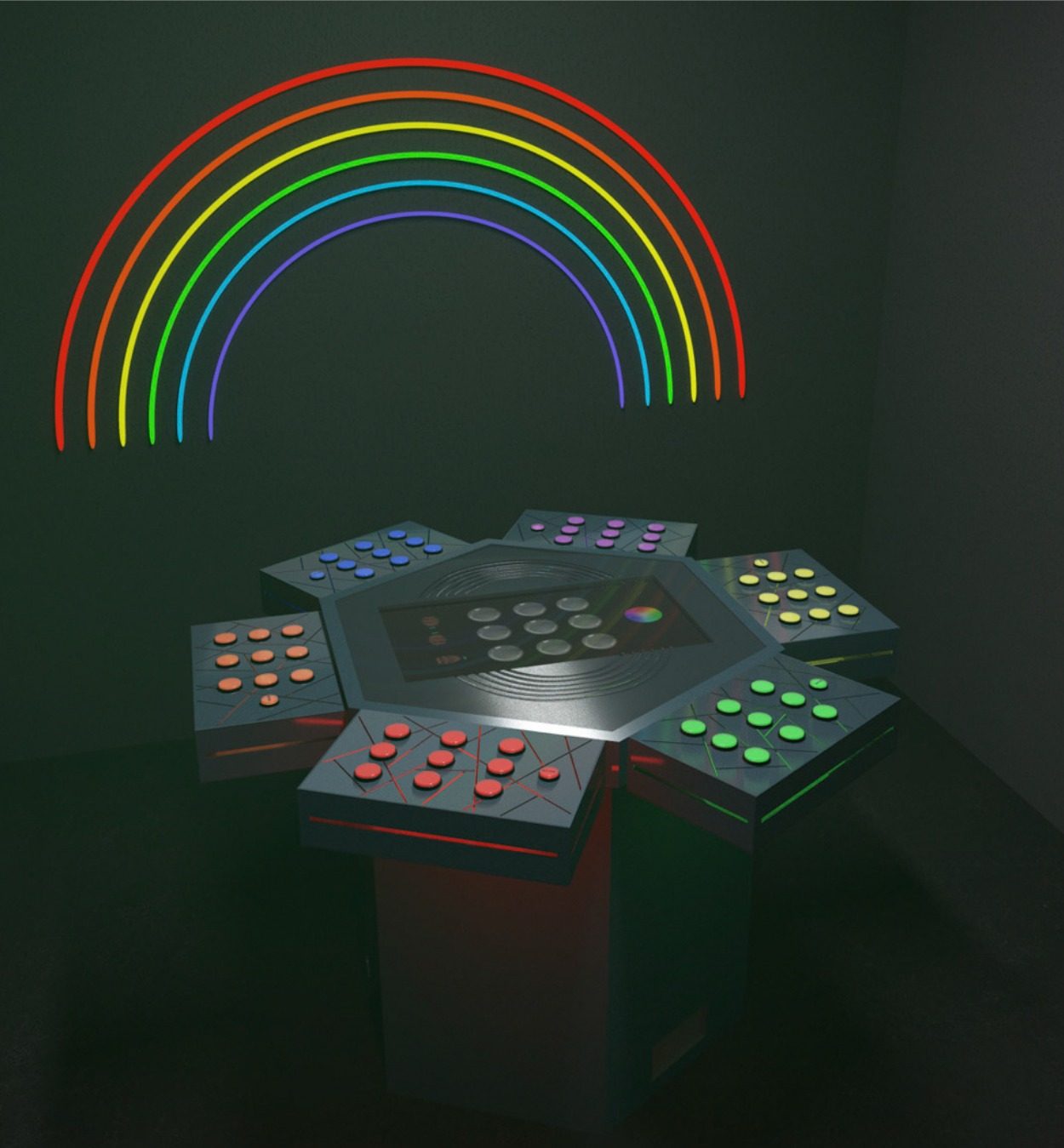 Salle Rainbow Mind : arc-en-ciel néon et pupitre à boutons colorés